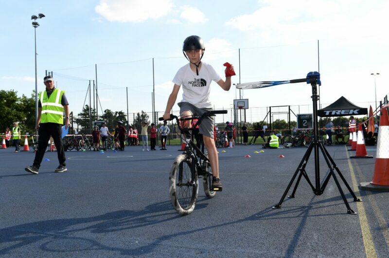 A contestant in the Bikeability Olympics taking part