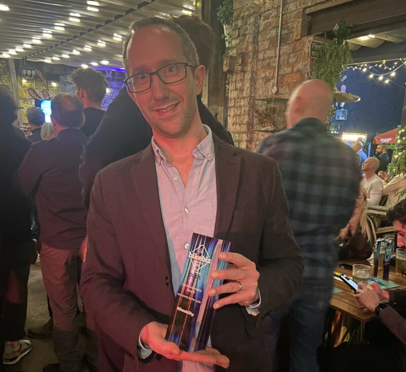 Benjamin with BikeBiz award trophy