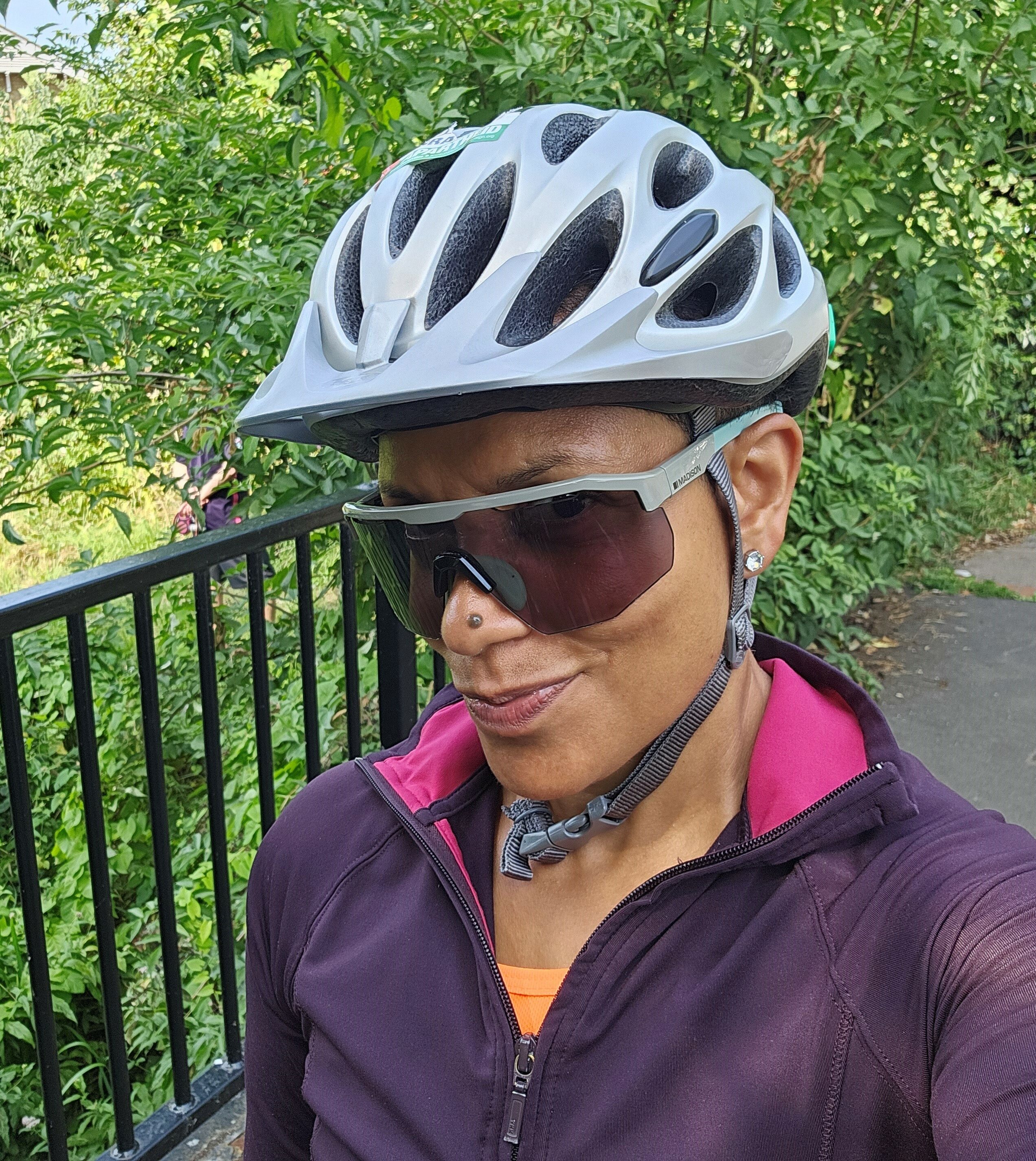 A selfie of instructor Nevin wearing her cycling gear